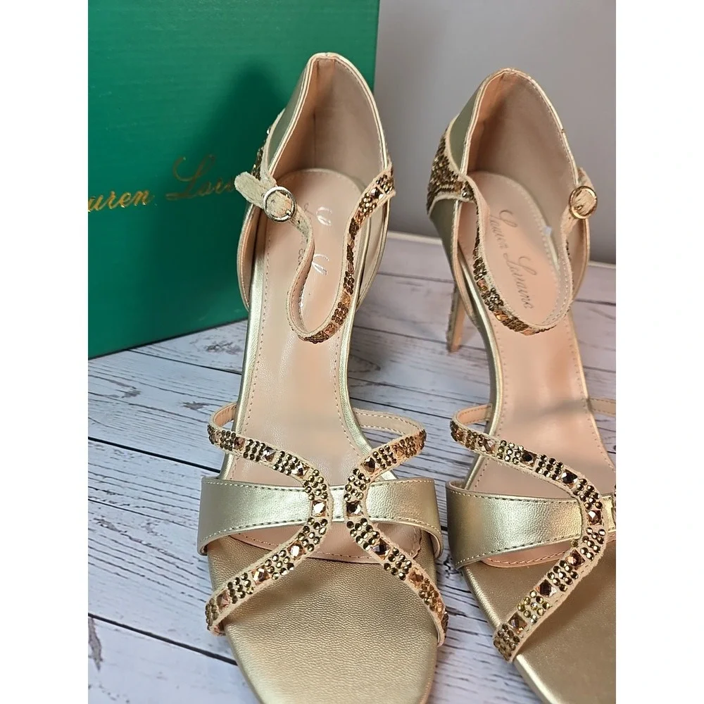 Lauren Lorraine Daisey Gold Rhinestone Heels Evening Party Holiday Sparkle Sz 11